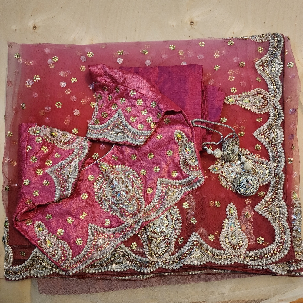 Brand New Pink, White & Silver Net Saree with Rhinestones and Gems, with Blouse